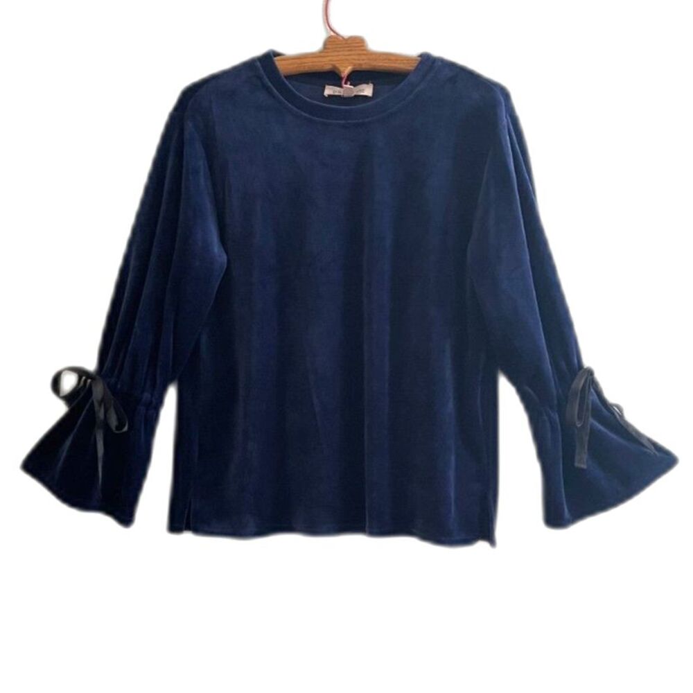 Philosophy Blue Velvet Bell Sleeve Top Dressy Stretch Bows Size S Holiday Blouse